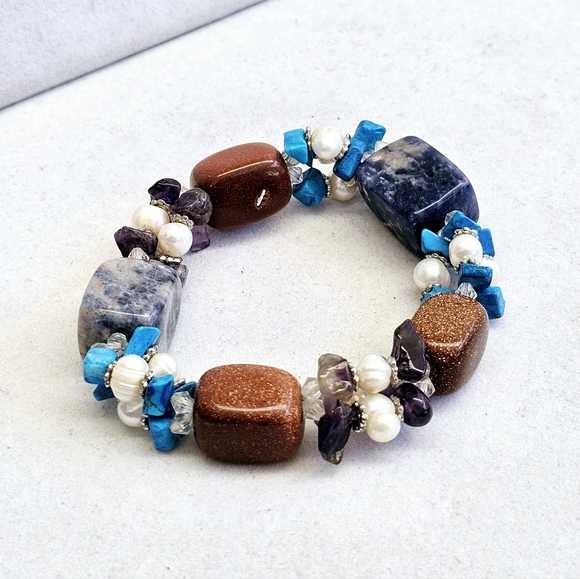 Sodalite,Copper Goldstone, Pearls, Amethyst, Turquoise Stretchy Bracelet - Picture 9 of 14